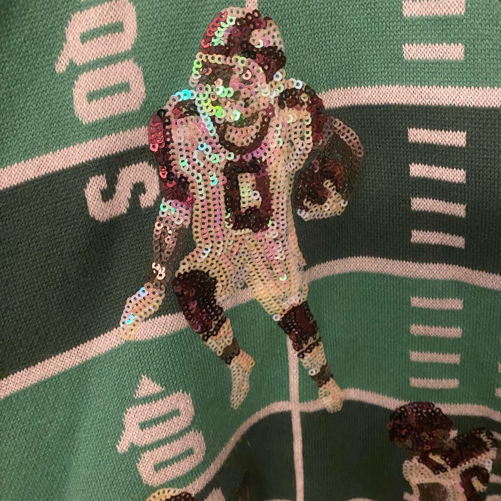 QUEEN OF SPARKLES Green Sequin Football Touchdown Cardigan - Picture 6 of 16